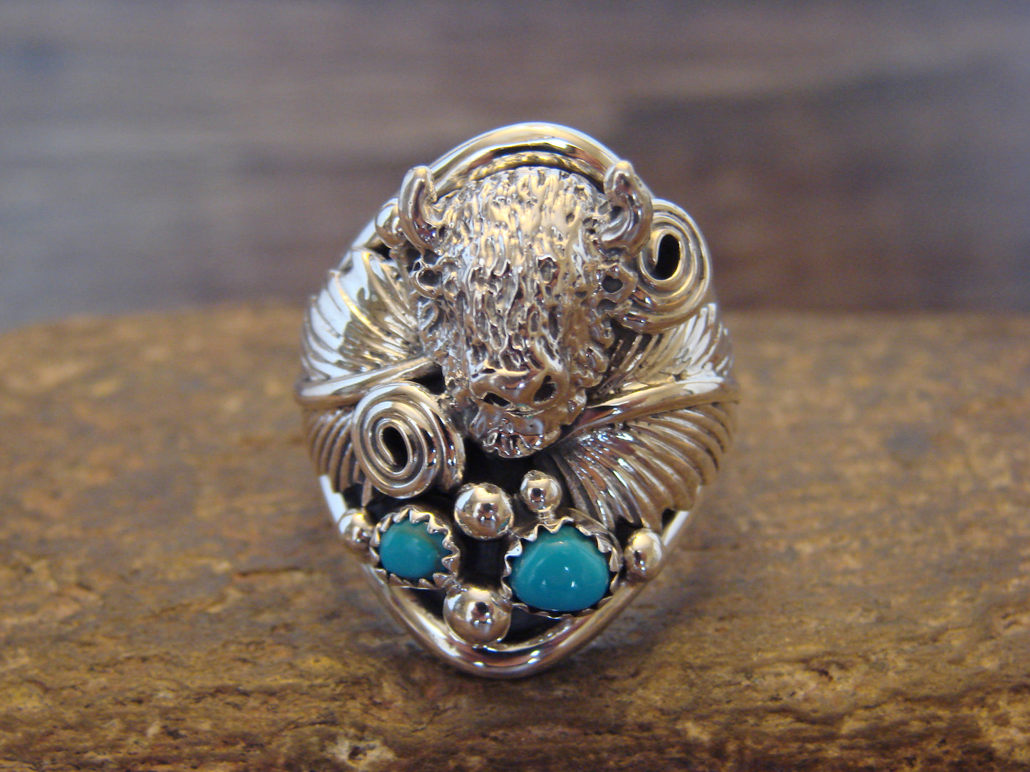 Native American Sterling Silver Buffalo & Turquoise Ring Size 10 - Morgan