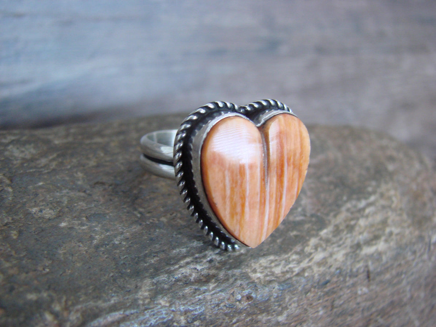 Adjustable Native American Sterling Silver & Spiny Oyster Heart Ring by Enditto
