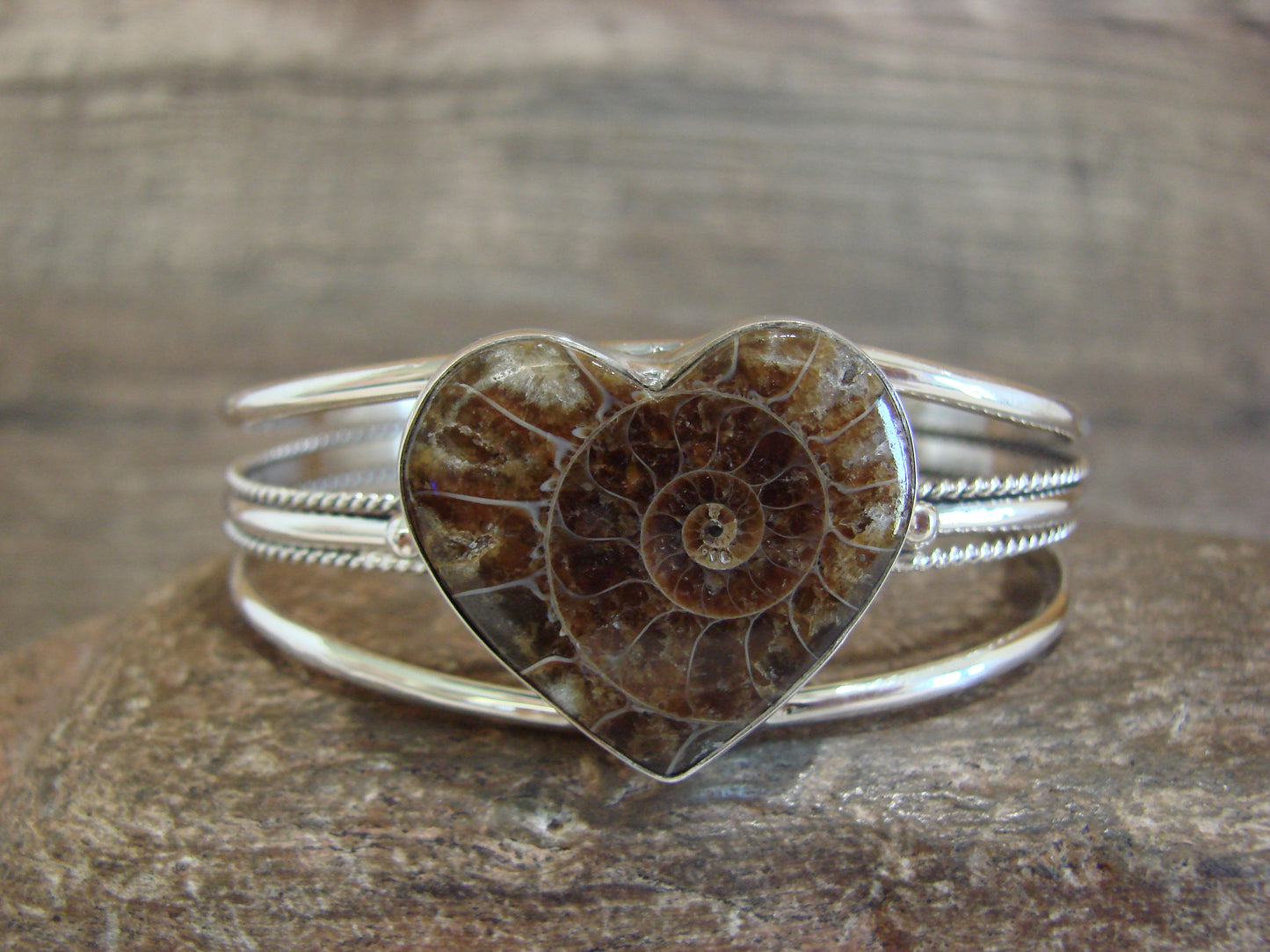 Native American Sterling Silver Moroccan Ammonite Heart Bracelet by Benally