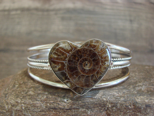 Native American Sterling Silver Moroccan Ammonite Heart Bracelet by Benally