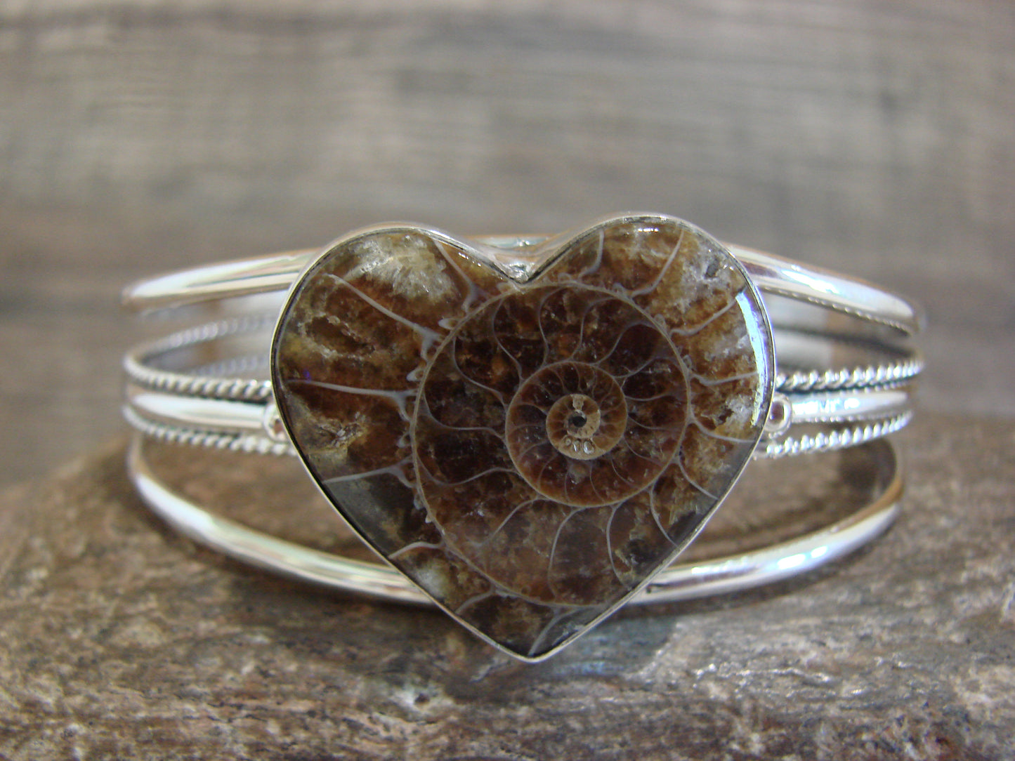 Native American Sterling Silver Moroccan Ammonite Heart Bracelet by Benally