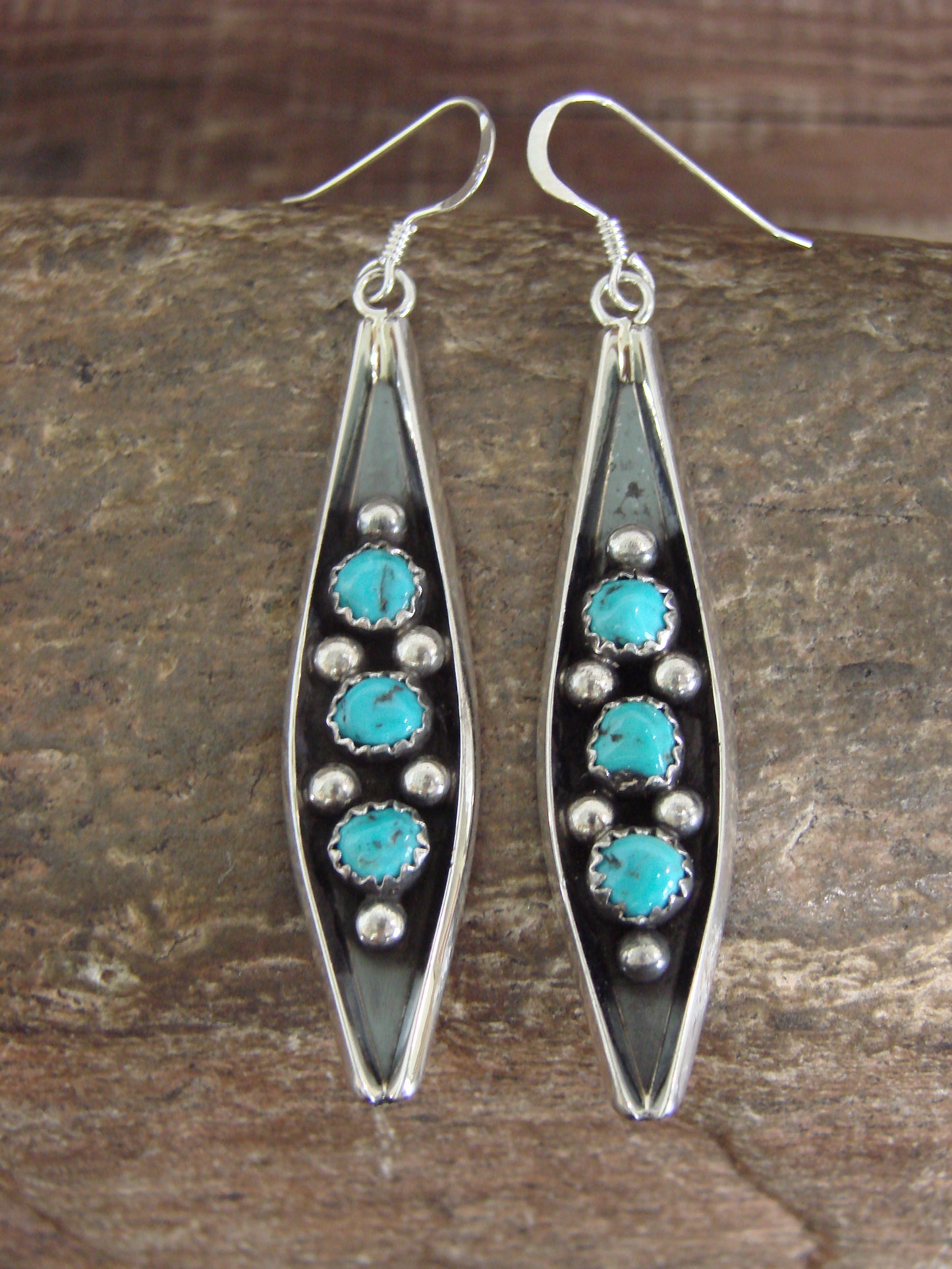 Native American Sterling Silver & Turquoise Row Dangle Earrings by Largo