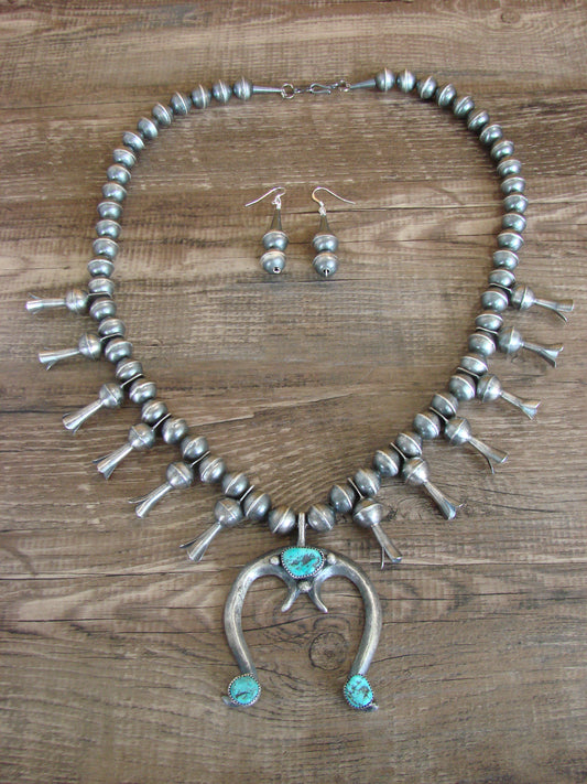 Native American Sterling Silver & Turquoise Squash Blossom Necklace Set by Martin
