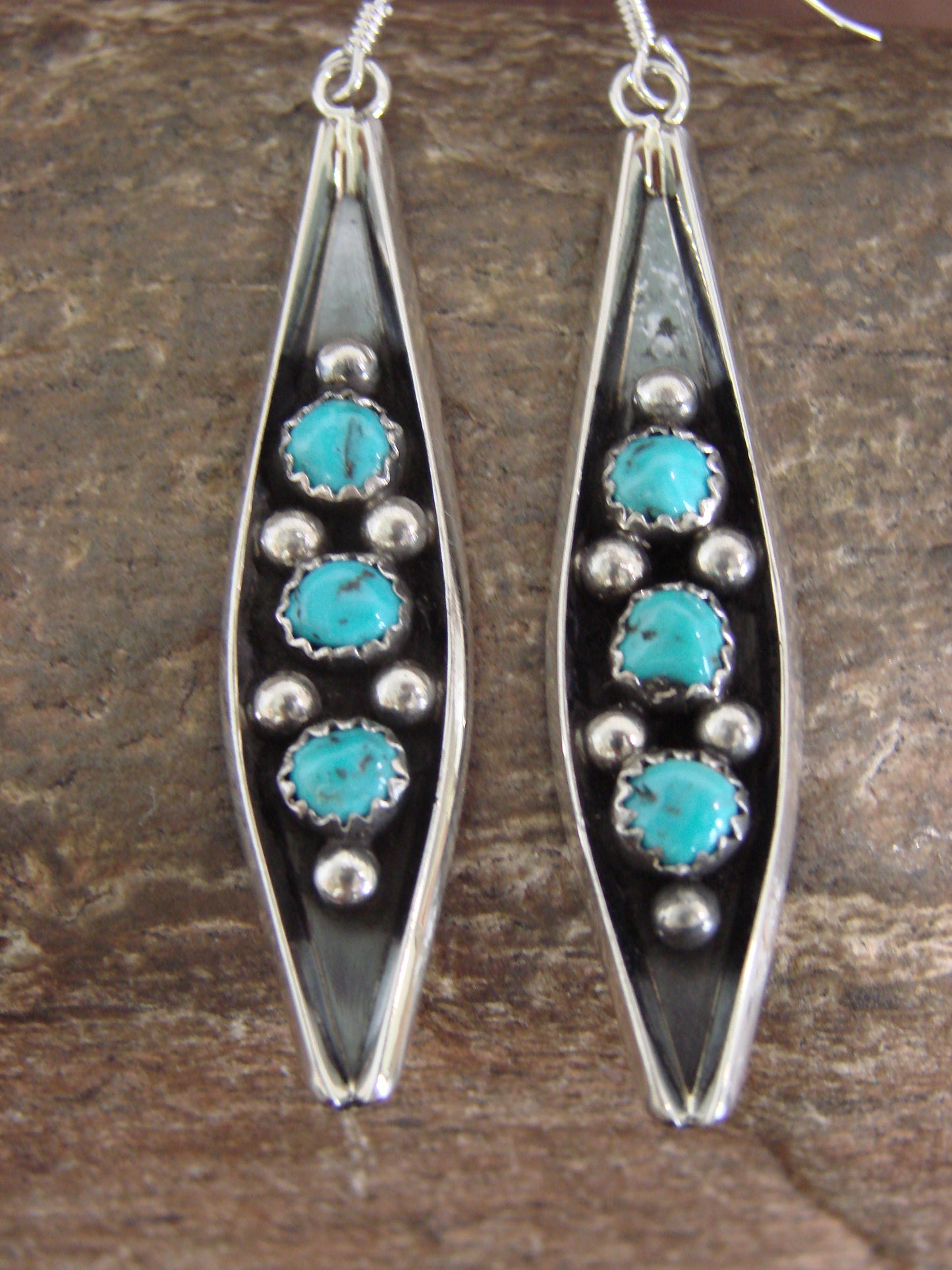 Native American Sterling Silver & Turquoise Row Dangle Earrings by Largo