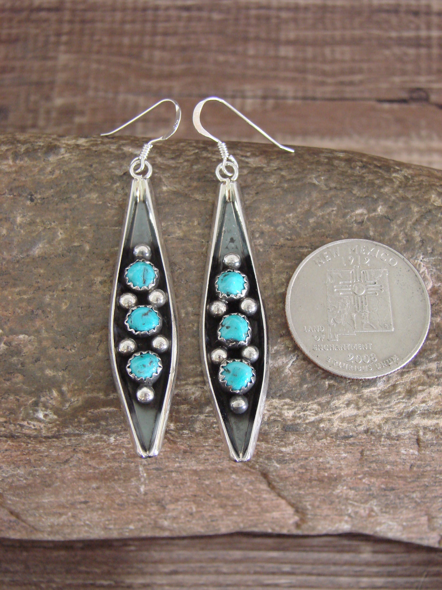 Native American Sterling Silver & Turquoise Row Dangle Earrings by Largo