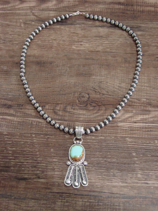 Native American 18" Sterling Silver & Turquoise Navajo Pearl Necklace By Betone