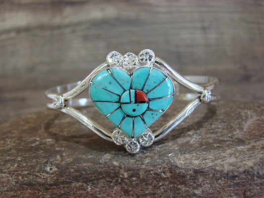 Native American Sterling Silver & Turquoise Heart Sunface Bracelet -Ola