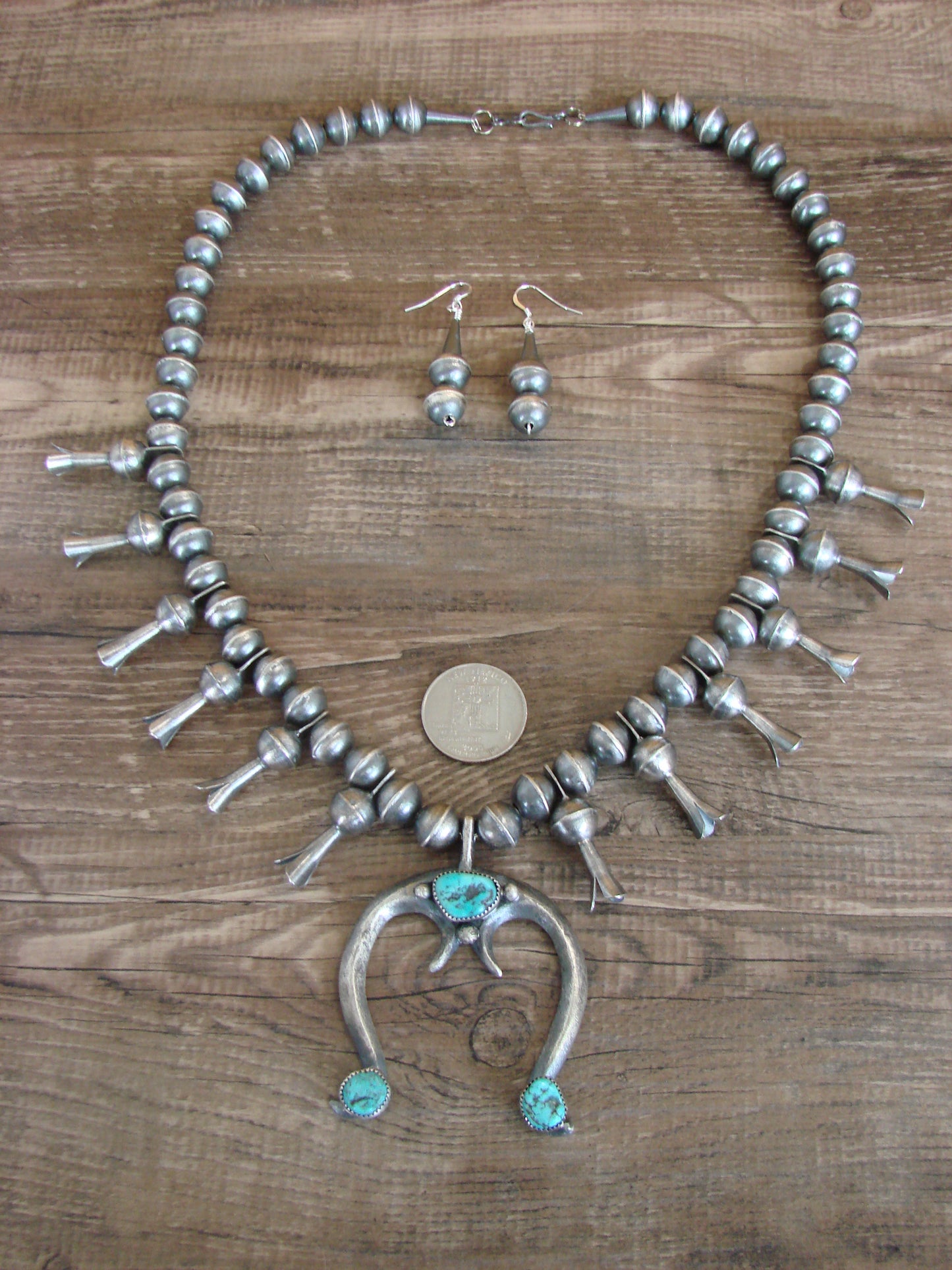 Native American Sterling Silver & Turquoise Squash Blossom Necklace Set by Martin