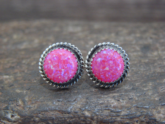 Native American Sterling Silver & Pink Opal Post Earrings - Esther White