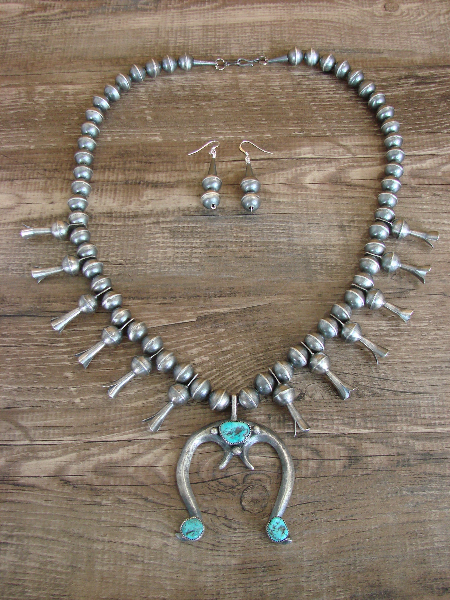 Native American Sterling Silver & Turquoise Squash Blossom Necklace Set by Martin
