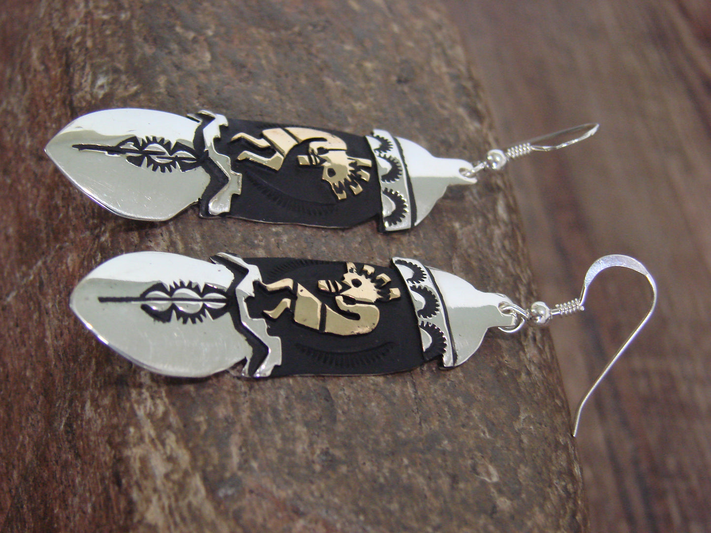 Native American Sterling Silver & Gold Fill Kokopelli Dangle Earrings - Singer