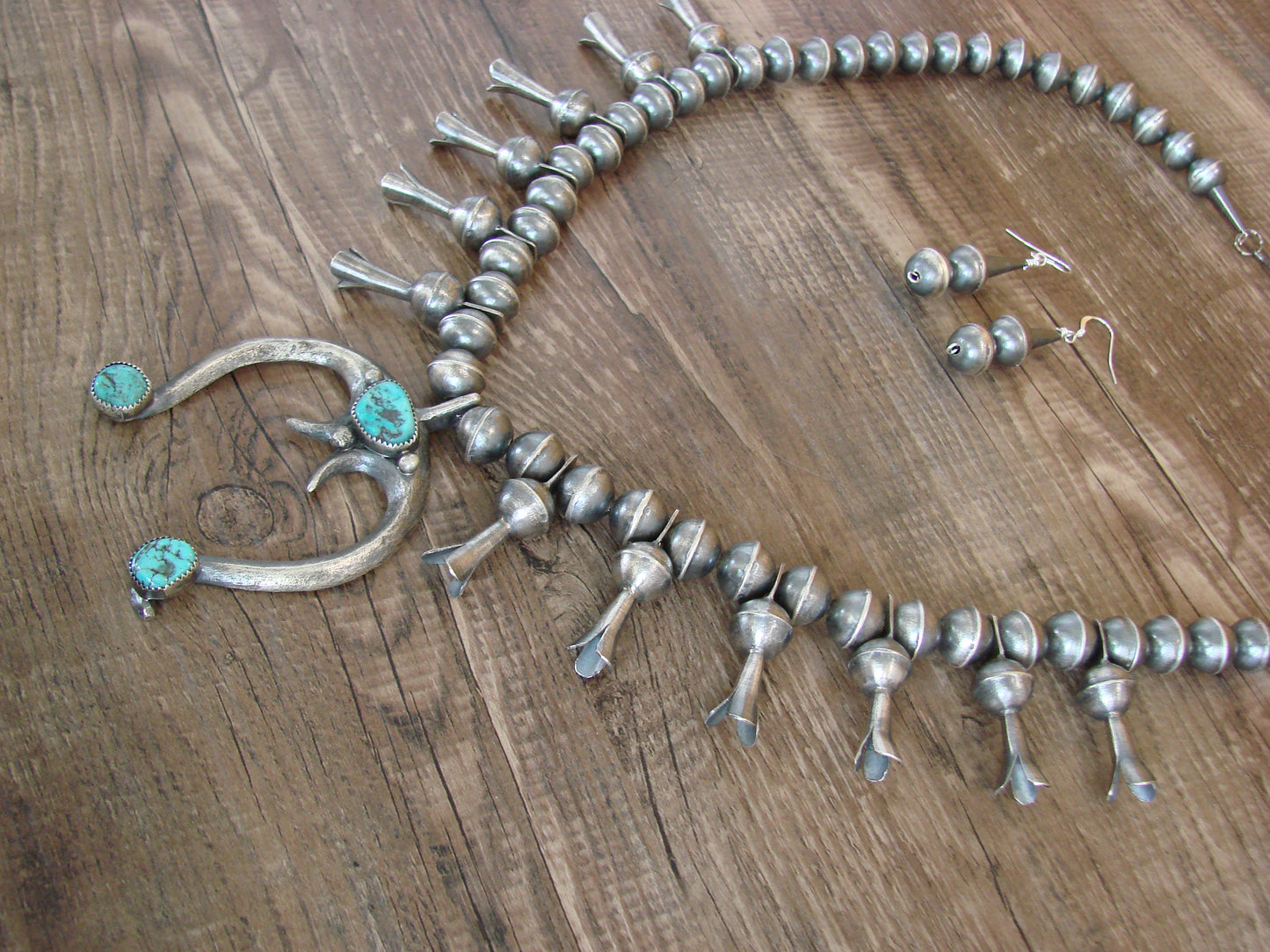 Native American Sterling Silver & Turquoise Squash Blossom Necklace Set by Martin