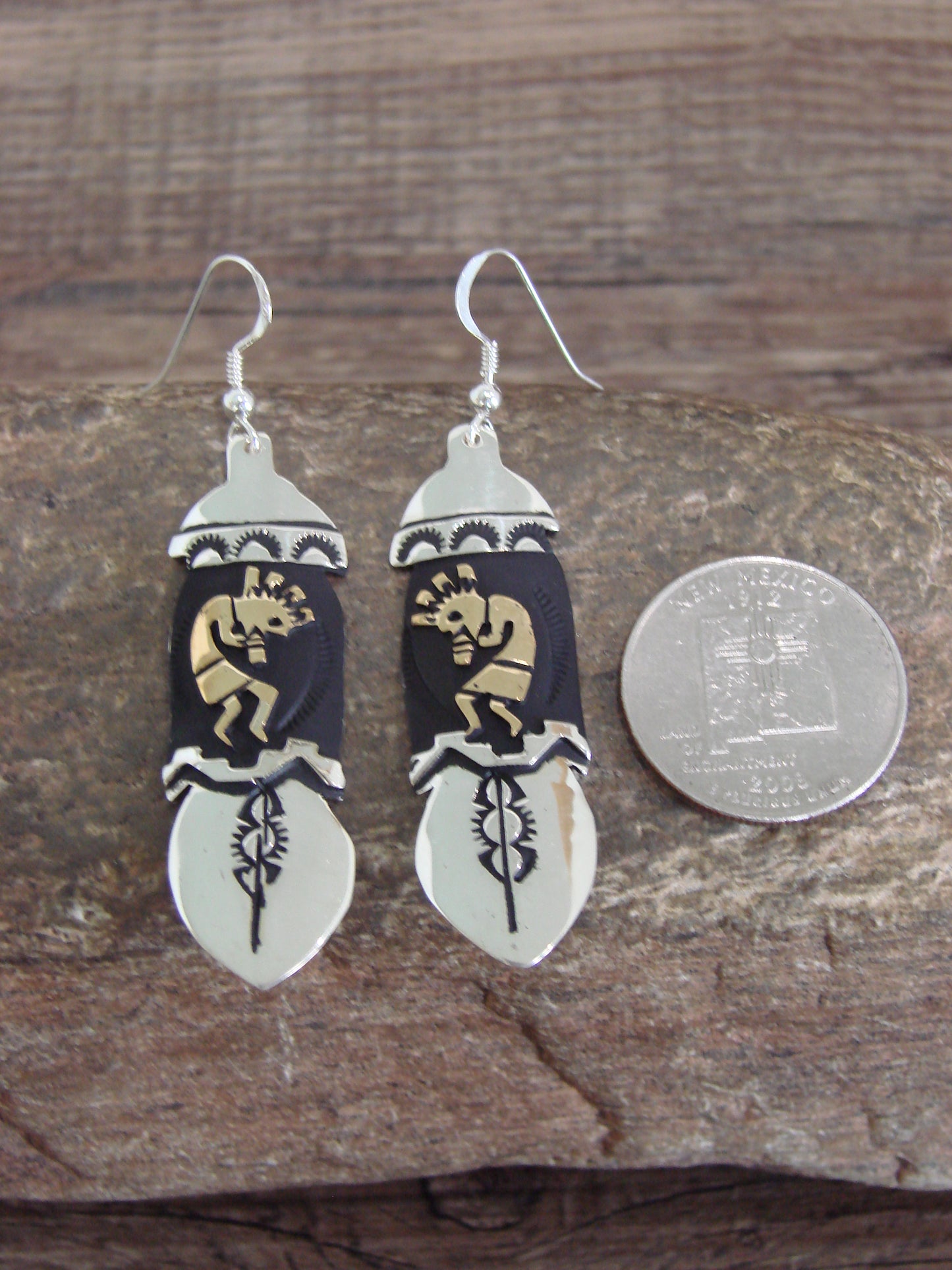 Native American Sterling Silver & Gold Fill Kokopelli Dangle Earrings - Singer