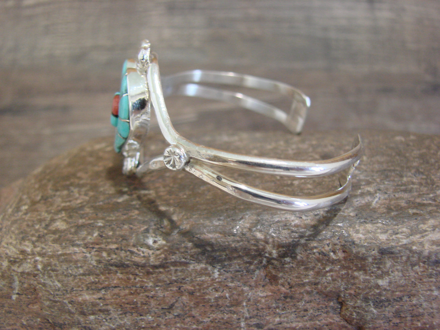 Native American Sterling Silver & Turquoise Heart Sunface Bracelet -Ola