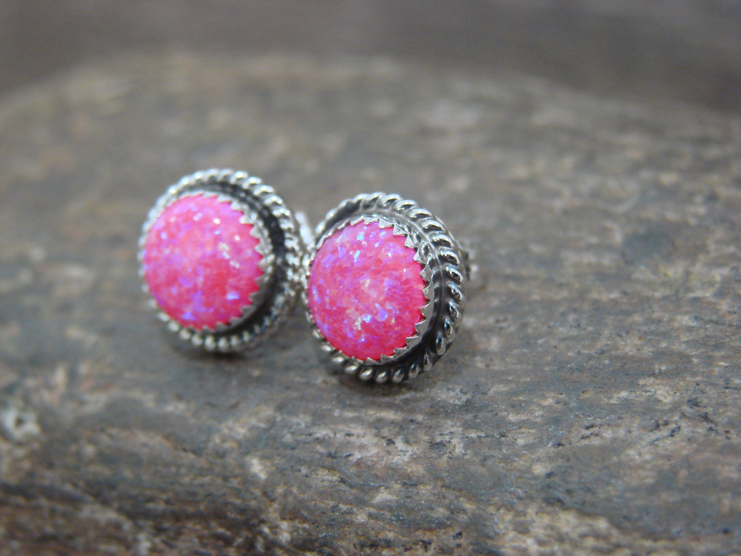 Native American Sterling Silver & Pink Opal Post Earrings - Esther White