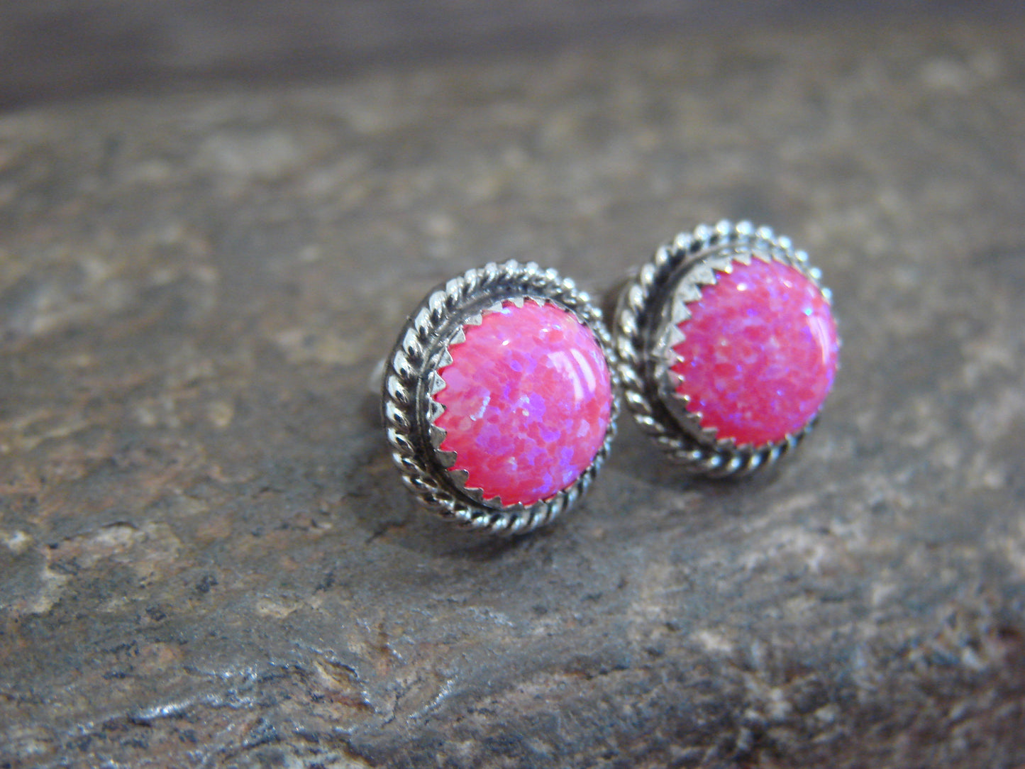 Native American Sterling Silver & Pink Opal Post Earrings - Esther White