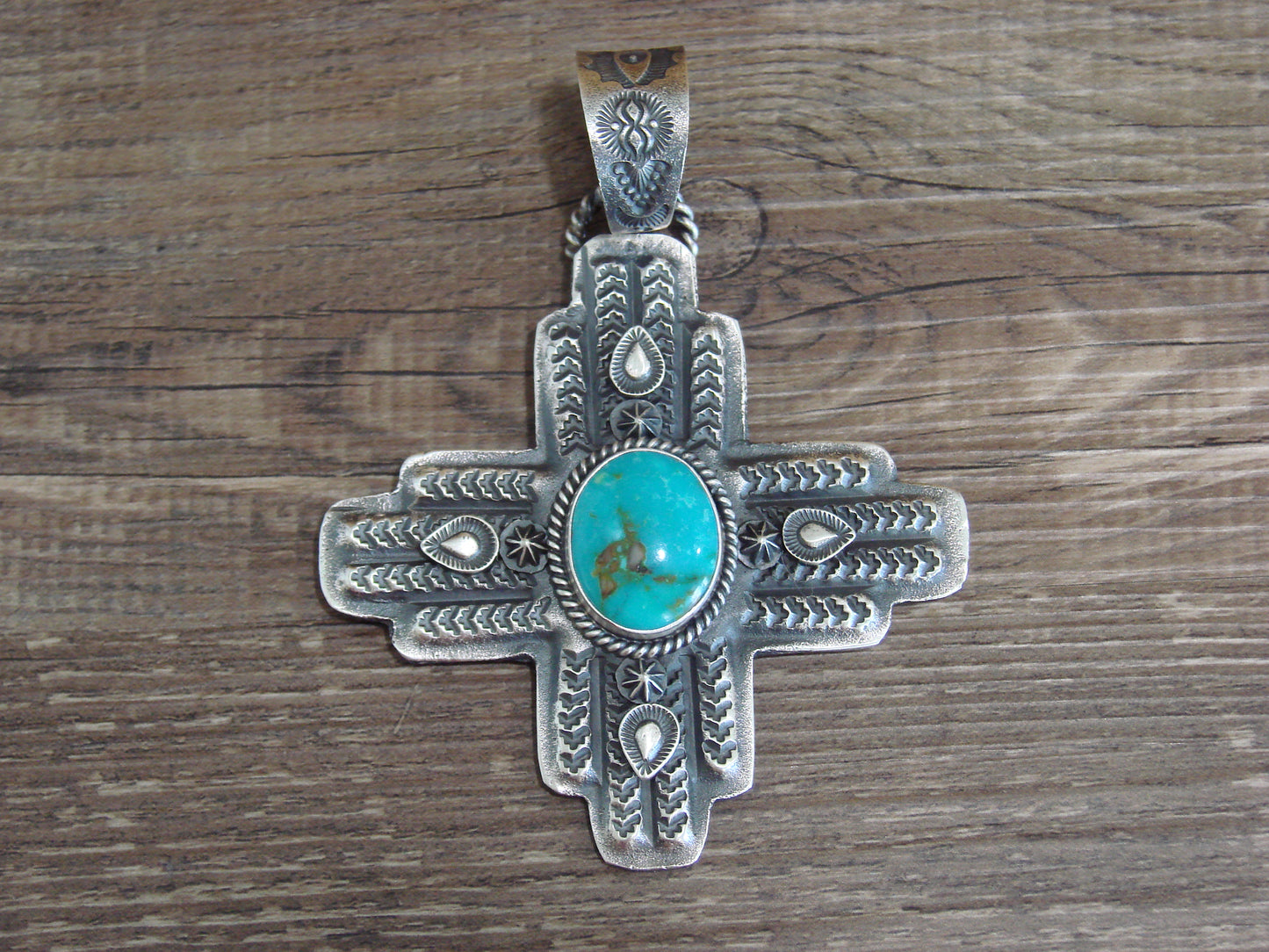 Native American Cast Sterling Silver & Turquoise Zia Pendant Signed Billah