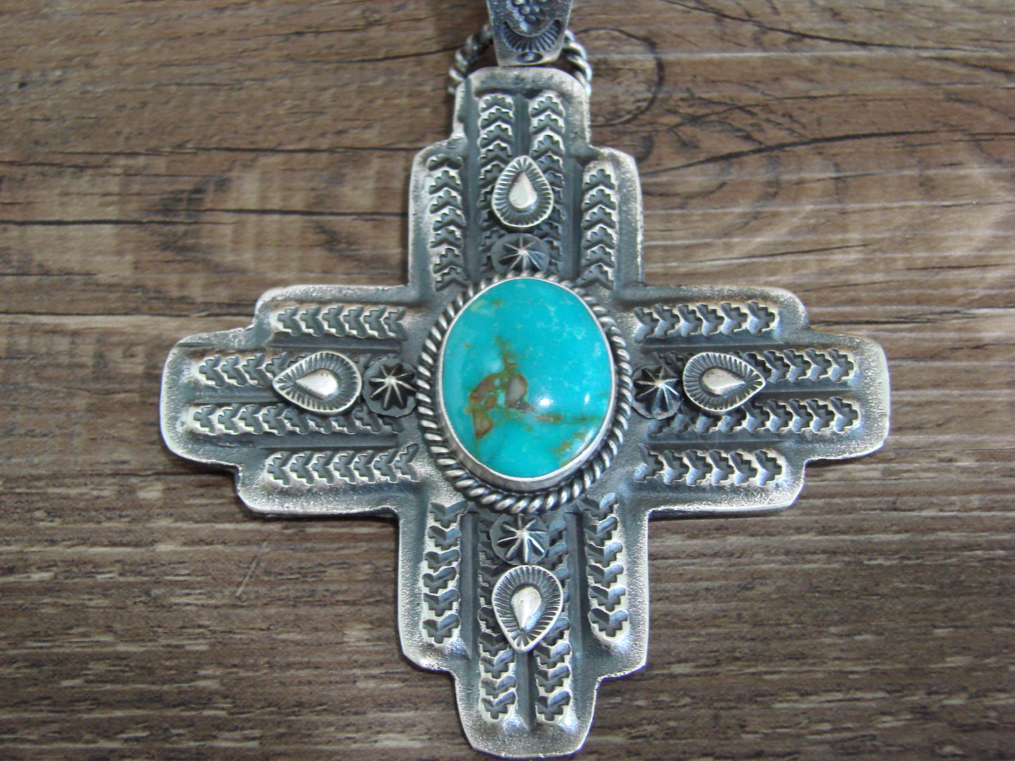 Native American Cast Sterling Silver & Turquoise Zia Pendant Signed Billah