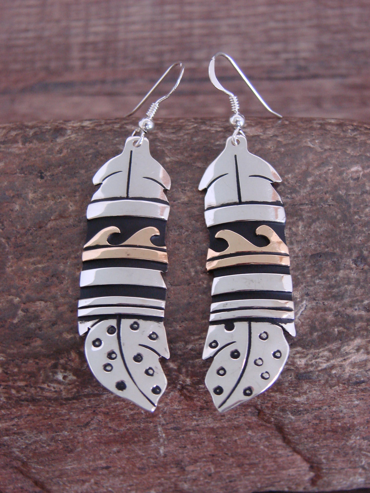 Native American Sterling Silver & Gold Fill Feather Dangle Earrings - Singer