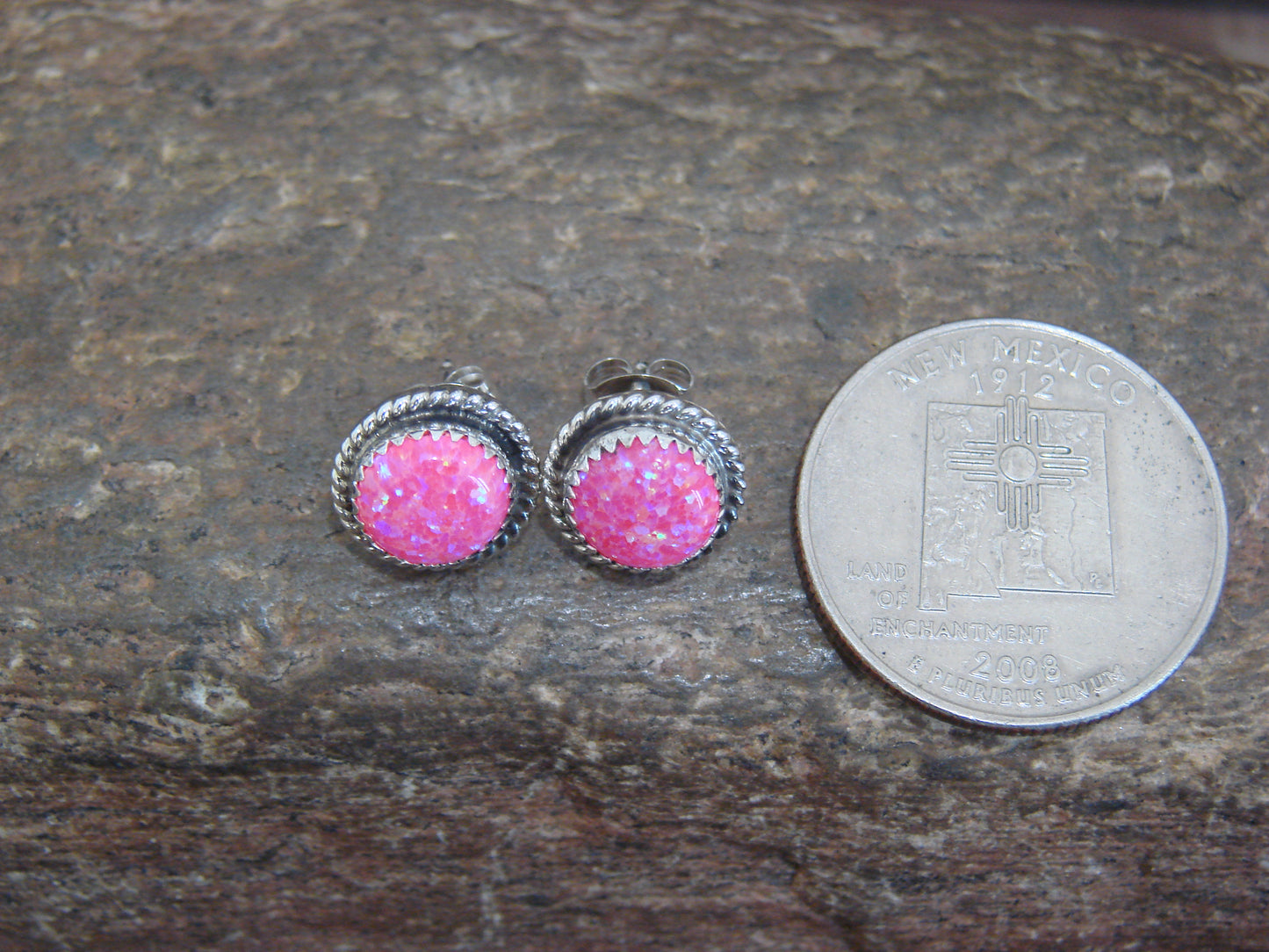 Native American Sterling Silver & Pink Opal Post Earrings - Esther White
