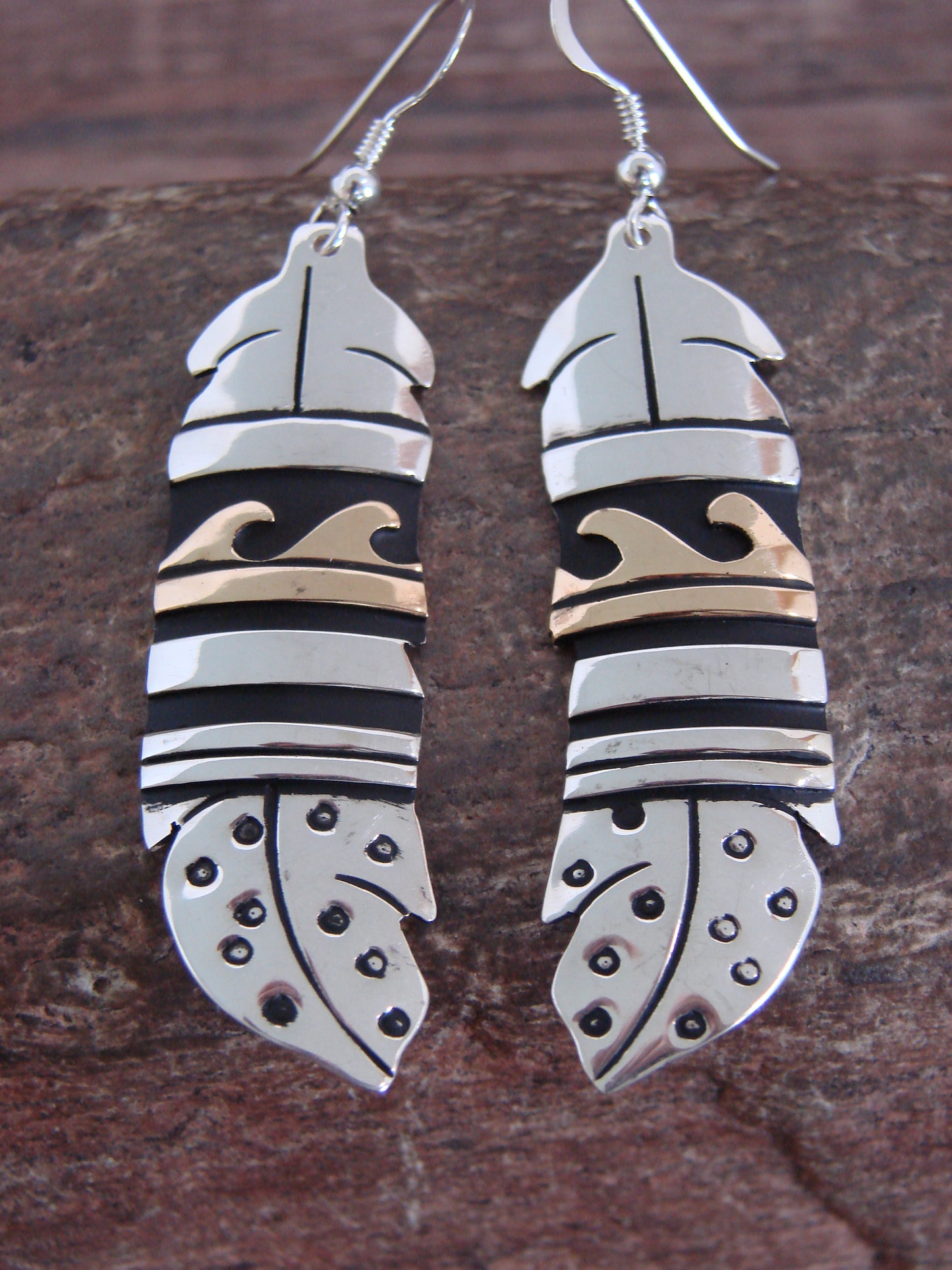 Native American Sterling Silver & Gold Fill Feather Dangle Earrings - Singer