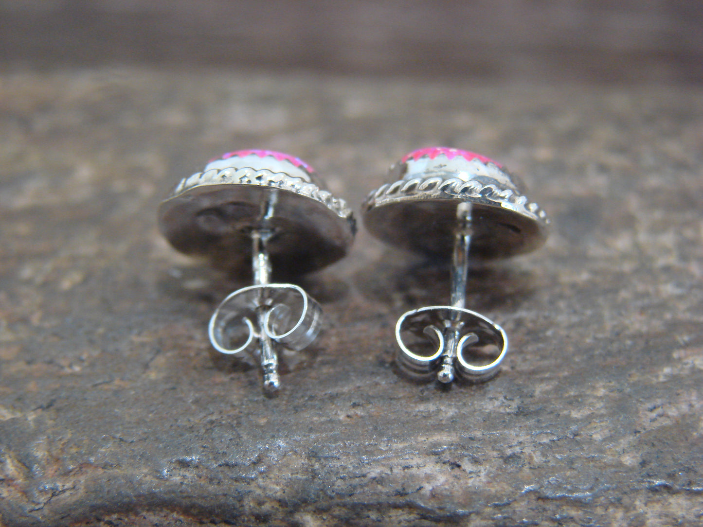 Native American Sterling Silver & Pink Opal Post Earrings - Esther White
