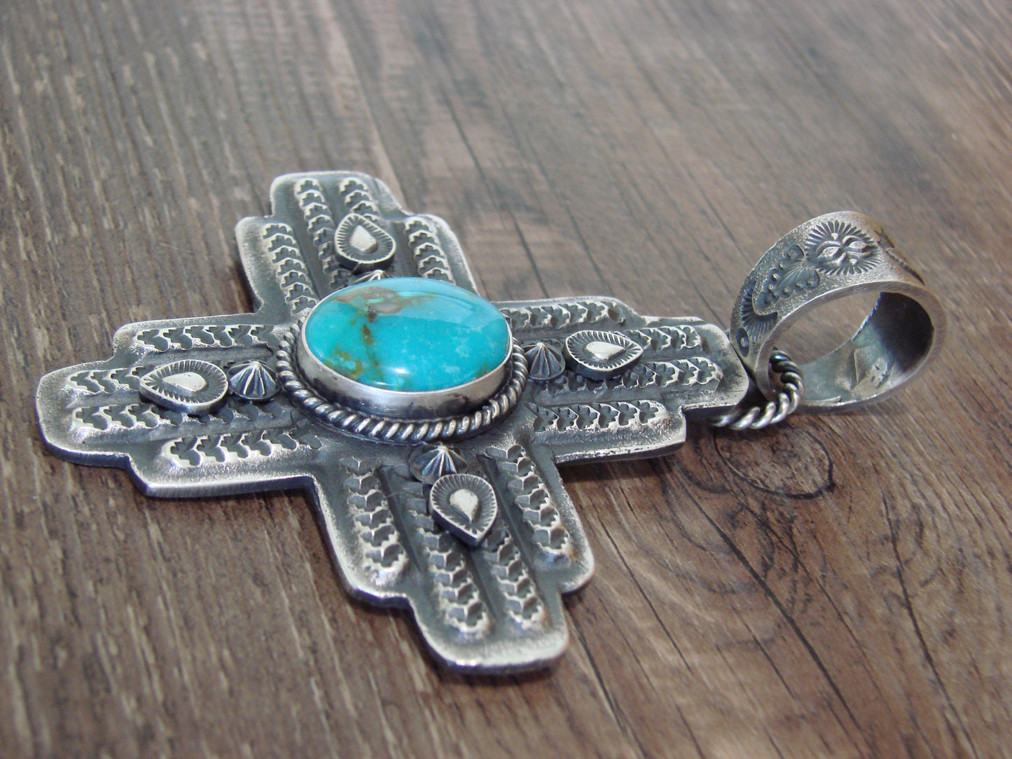 Native American Cast Sterling Silver & Turquoise Zia Pendant Signed Billah