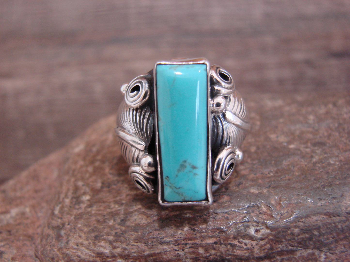 Navajo Sterling Silver & Turquoise Feather Ring by D. Morgan - Size 6.5