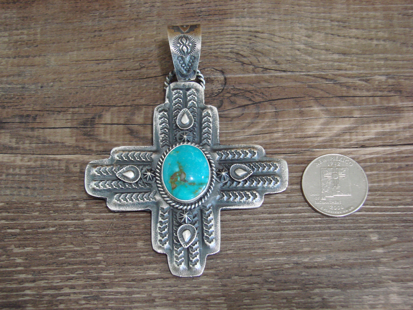 Native American Cast Sterling Silver & Turquoise Zia Pendant Signed Billah