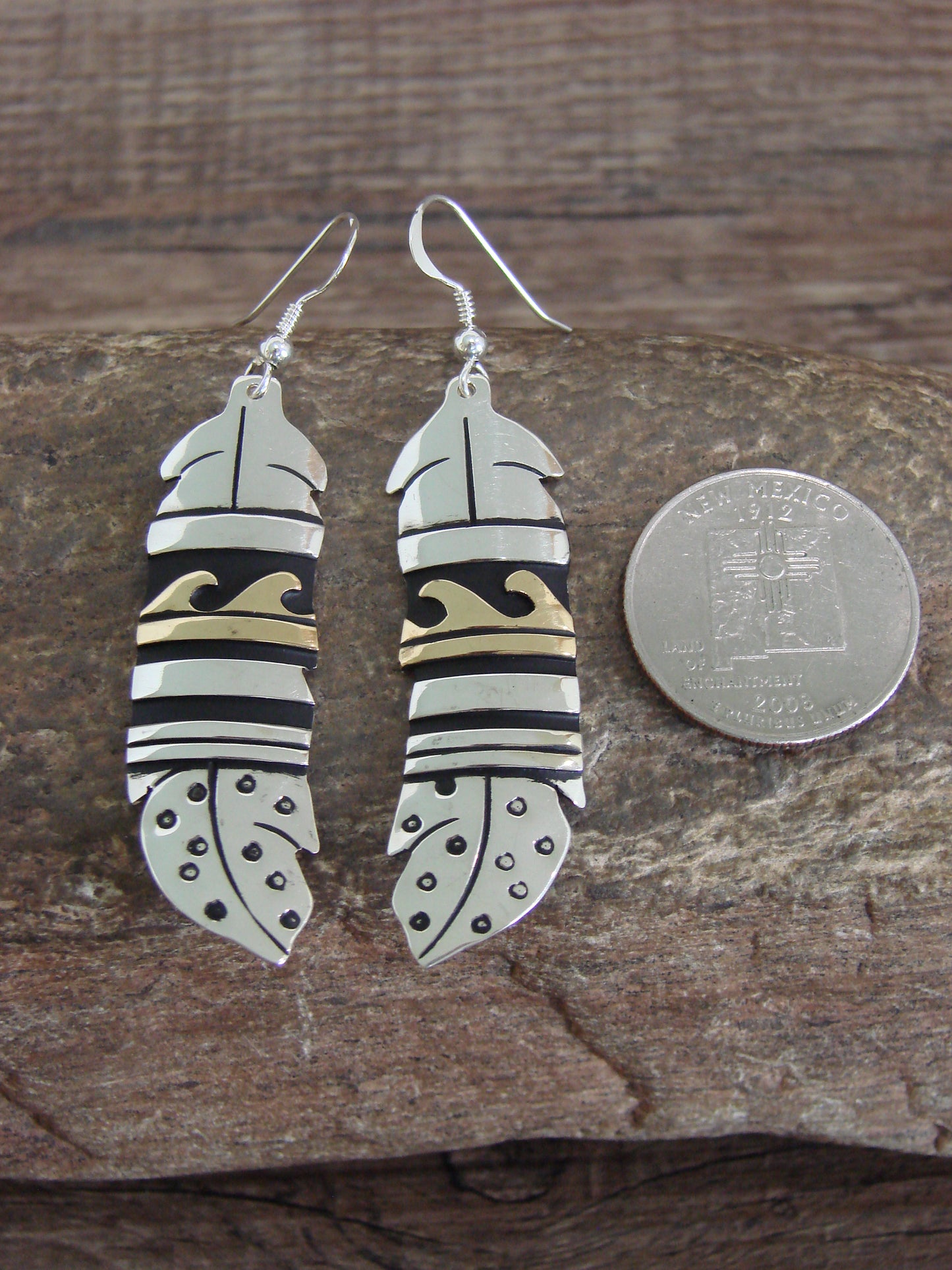 Native American Sterling Silver & Gold Fill Feather Dangle Earrings - Singer