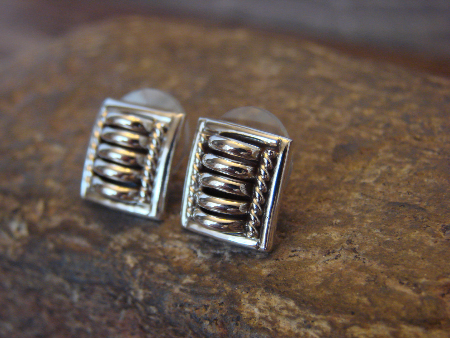 Native American Indian Sterling Silver Ribbed Post Earrings by Charley