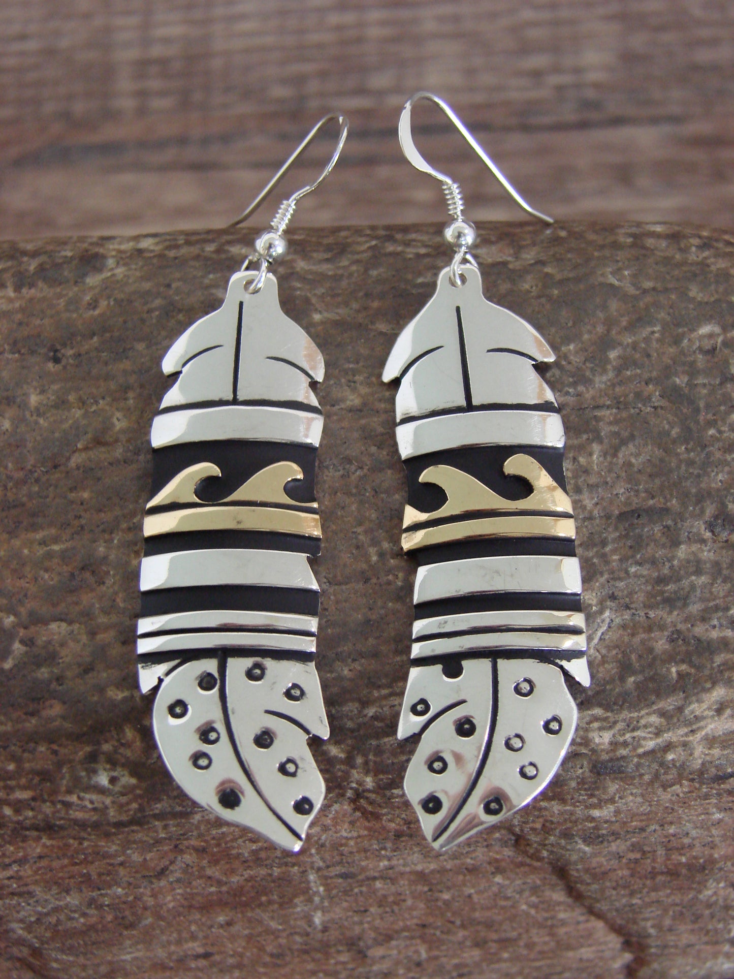 Native American Sterling Silver & Gold Fill Feather Dangle Earrings - Singer