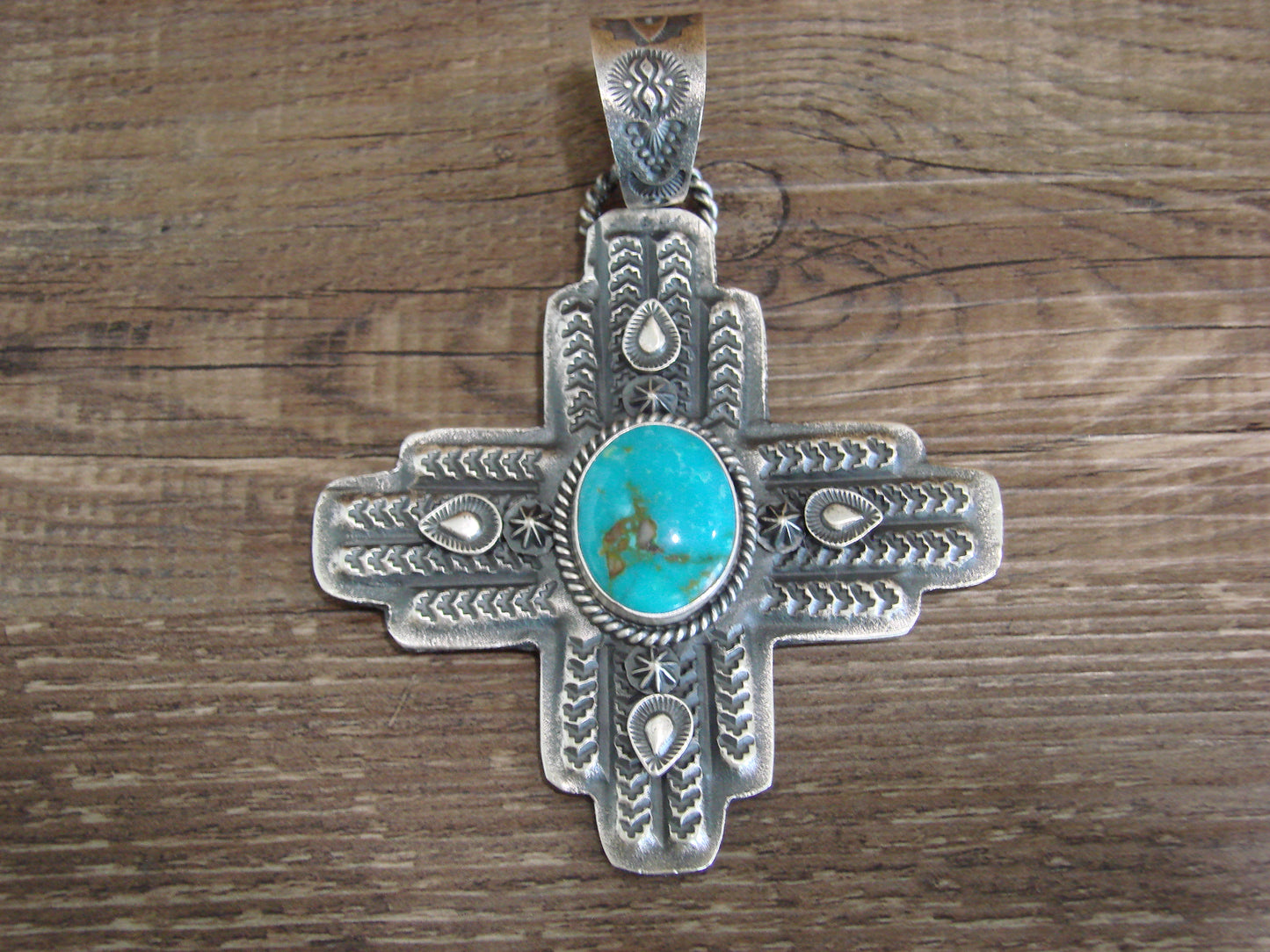 Native American Cast Sterling Silver & Turquoise Zia Pendant Signed Billah
