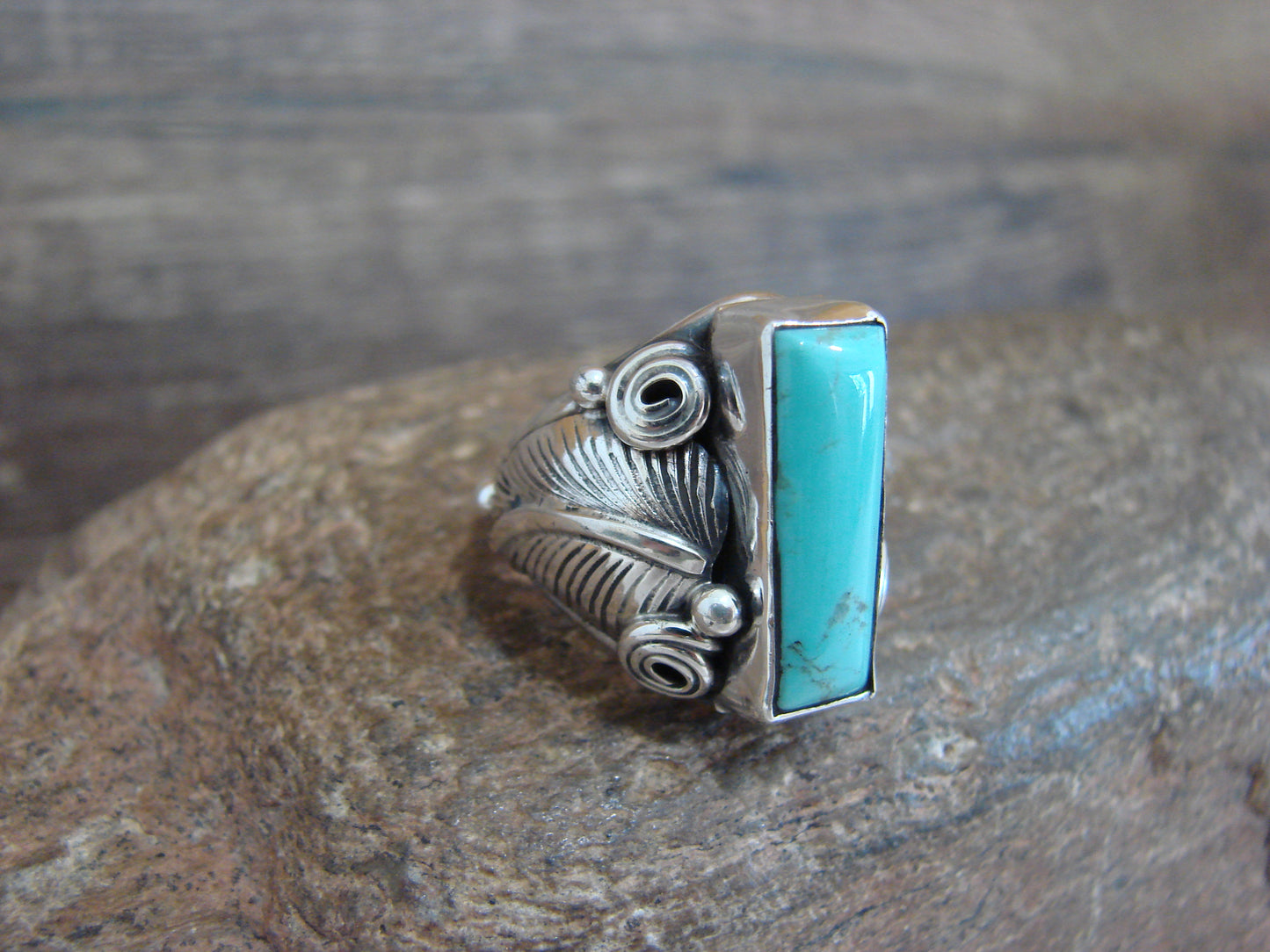 Navajo Sterling Silver & Turquoise Feather Ring by D. Morgan - Size 6.5