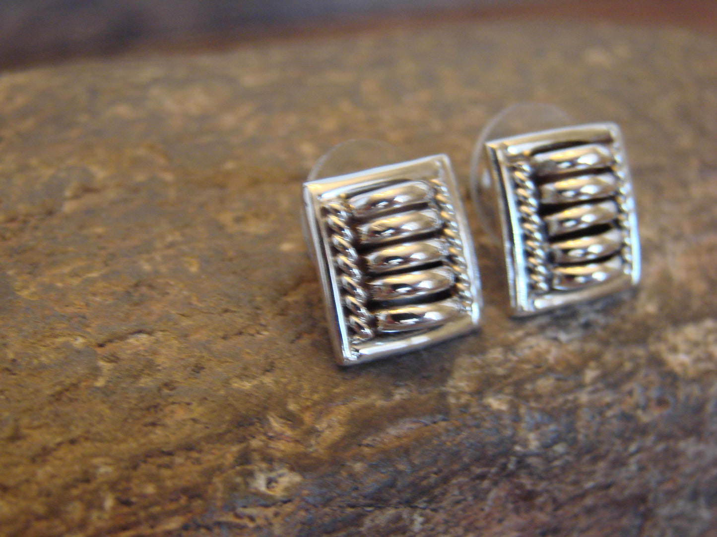 Native American Indian Sterling Silver Ribbed Post Earrings by Charley