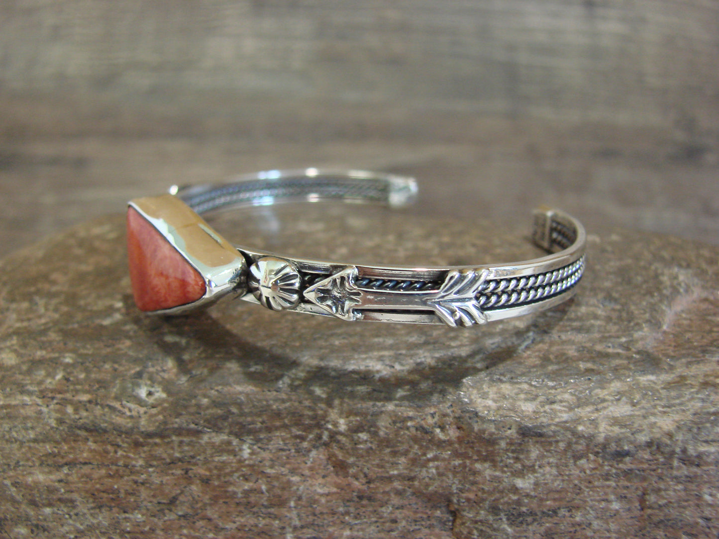 Native American Sterling Silver & Spiny Oyster Arrow Bracelet - Benally