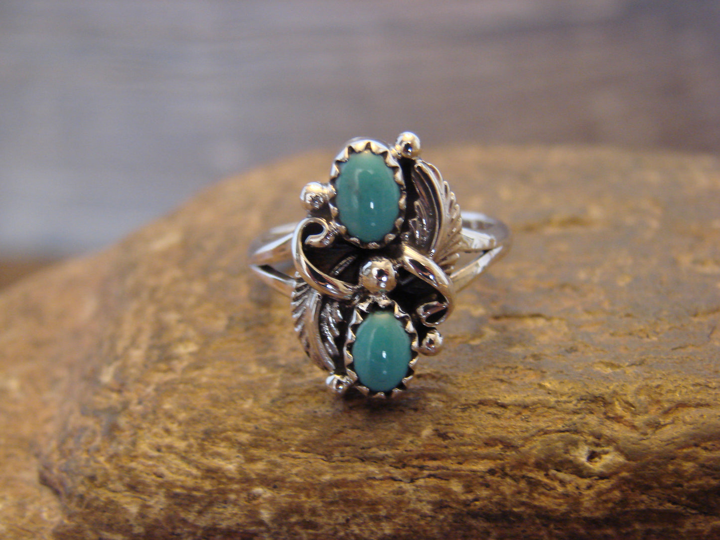 Native American Sterling Silver & Turquoise Feather Ring - Largo - Size 8