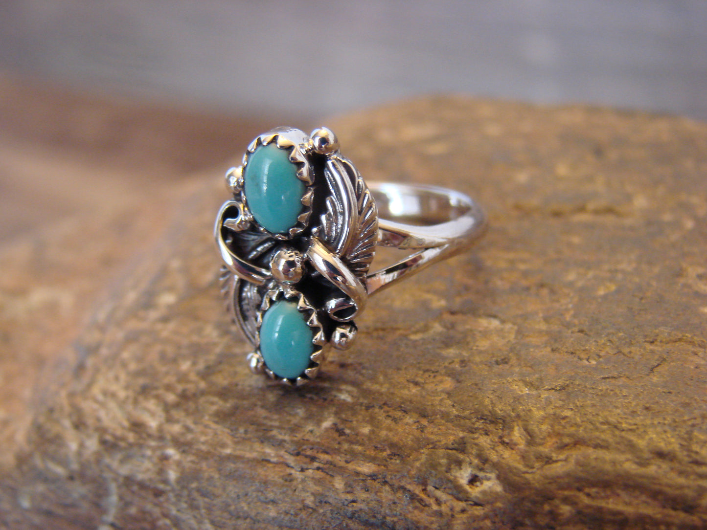 Native American Sterling Silver & Turquoise Feather Ring - Largo - Size 8