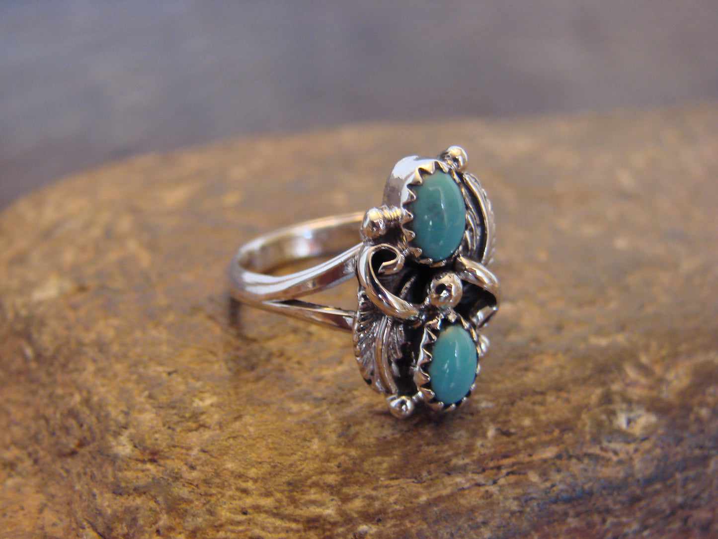 Native American Sterling Silver & Turquoise Feather Ring - Largo - Size 8