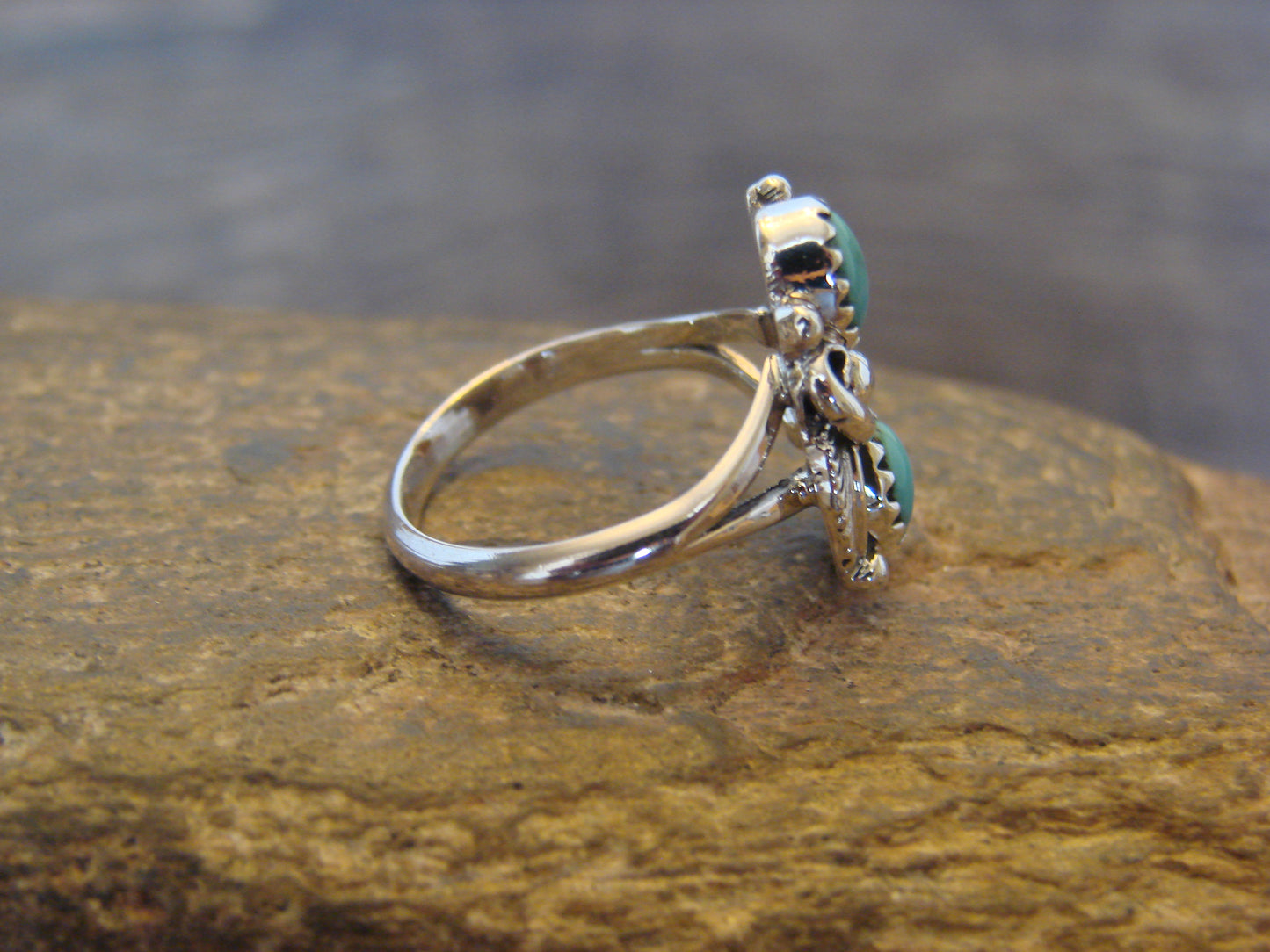 Native American Sterling Silver & Turquoise Feather Ring - Largo - Size 8