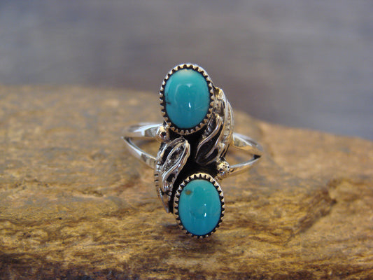 Native American Sterling Silver & Turquoise Feather Ring - Jim - Size 8