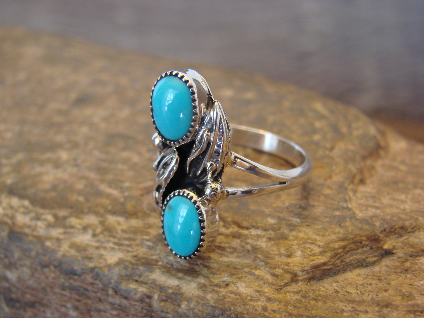 Native American Sterling Silver & Turquoise Feather Ring - Jim - Size 6