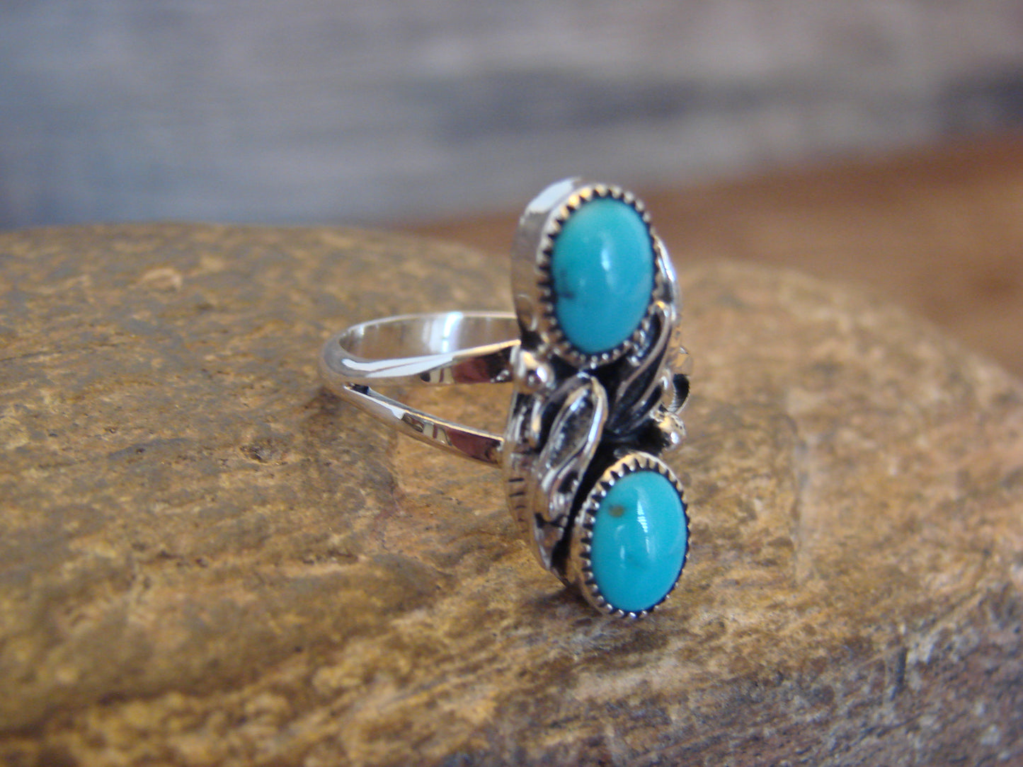 Native American Sterling Silver & Turquoise Feather Ring - Jim - Size 6
