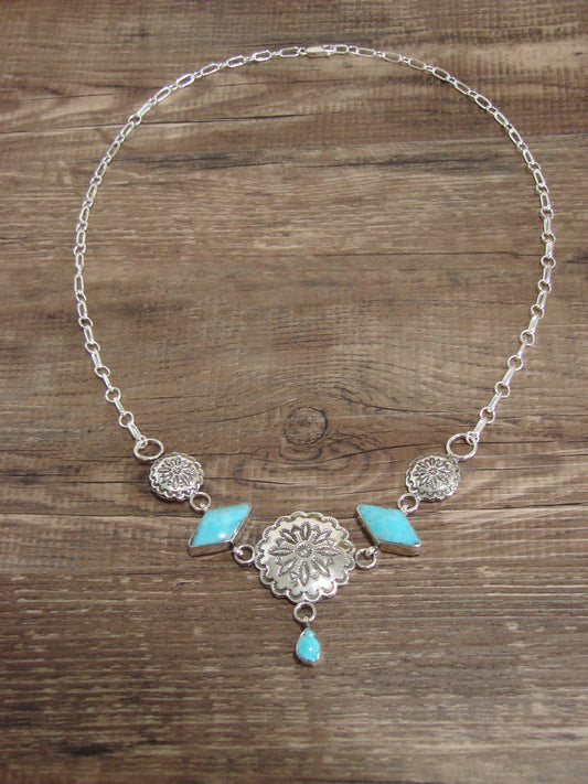 Native American 21" Sterling Silver & Turquoise Concho Link Necklace by Burnside