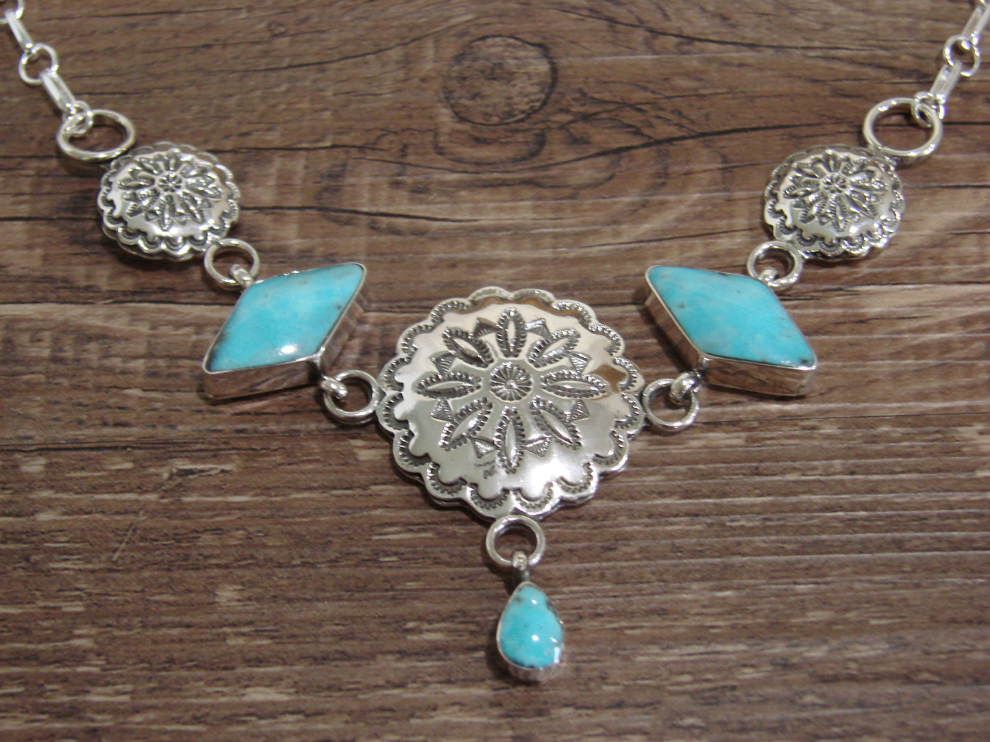 Native American 21" Sterling Silver & Turquoise Concho Link Necklace by Burnside