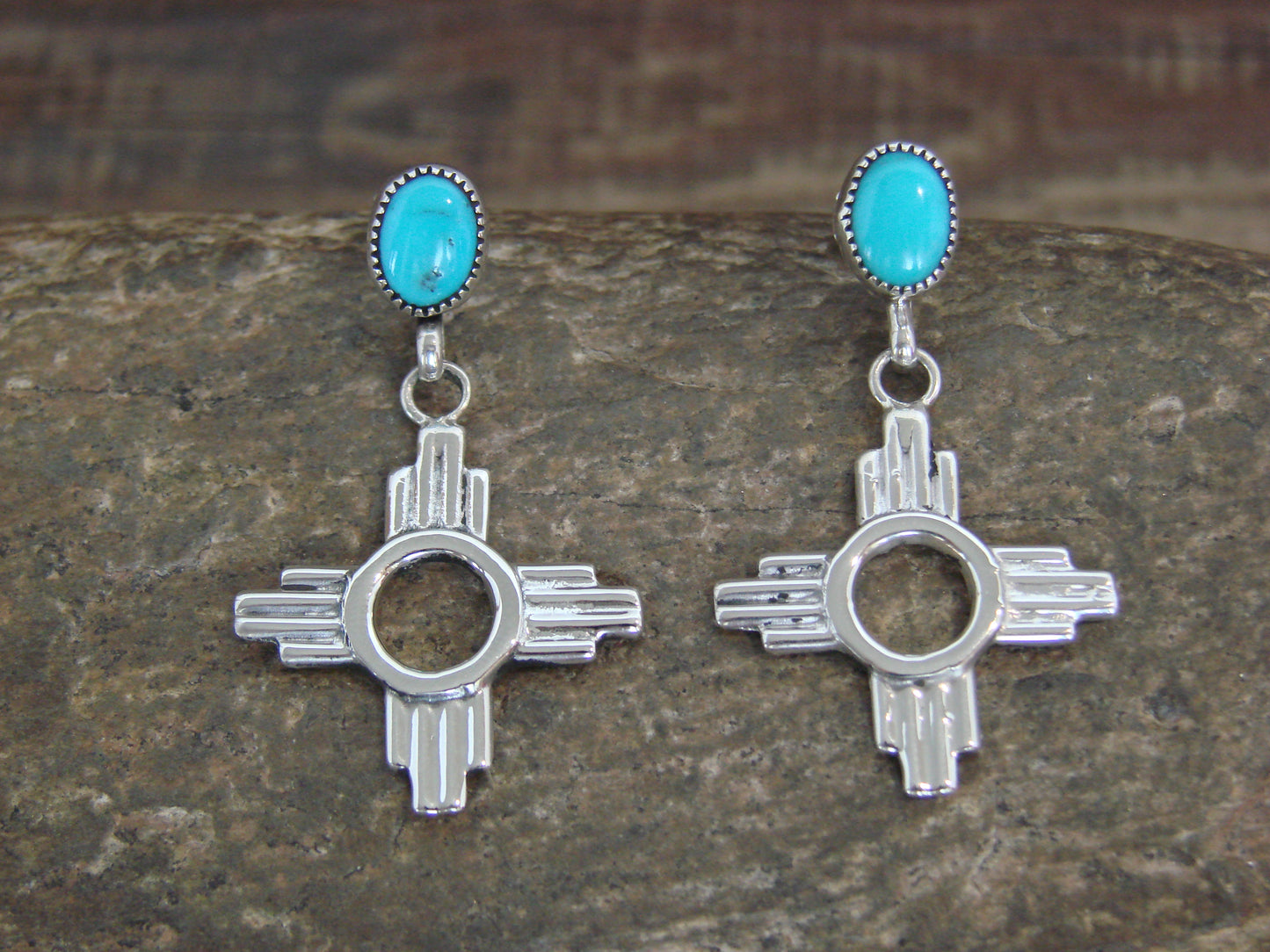 Native American Sterling Silver & Turquoise Zia Post Dangle Earrings - Benally