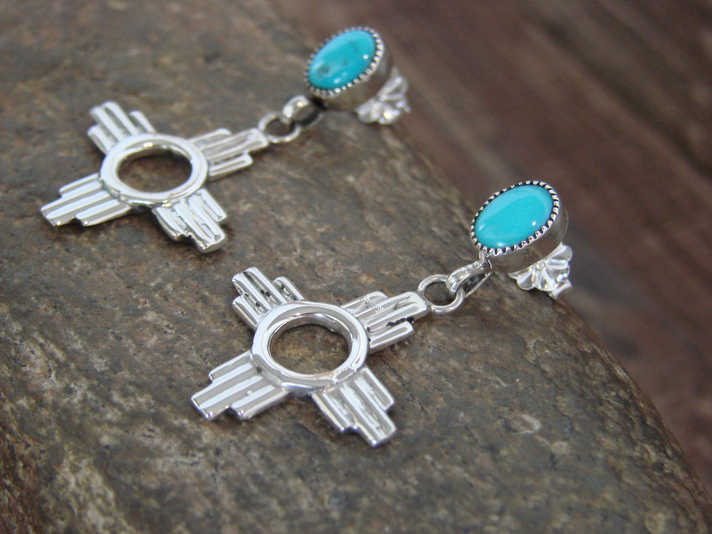 Native American Sterling Silver & Turquoise Zia Post Dangle Earrings - Benally