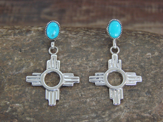 Native American Sterling Silver & Turquoise Zia Post Dangle Earrings - Benally