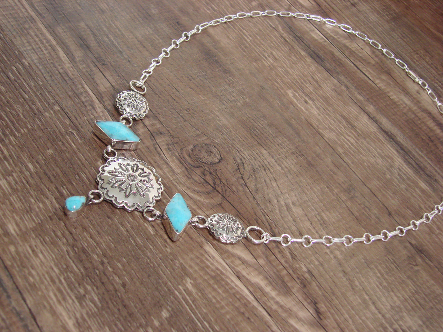 Native American 21" Sterling Silver & Turquoise Concho Link Necklace by Burnside