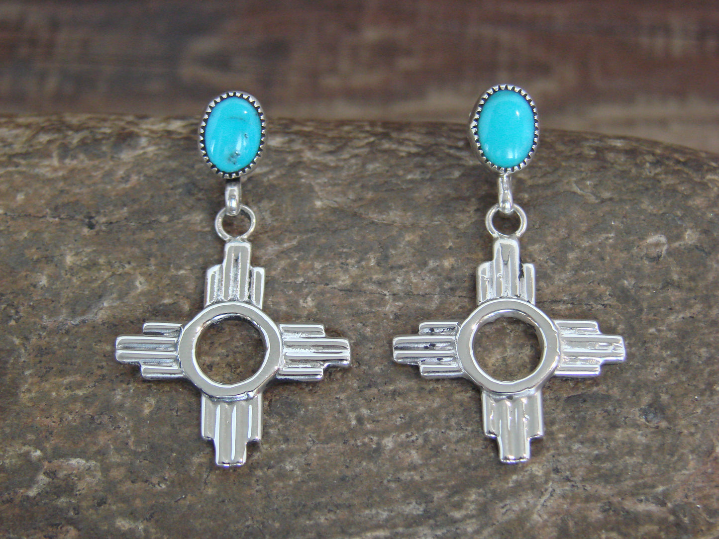 Native American Sterling Silver & Turquoise Zia Post Dangle Earrings - Benally